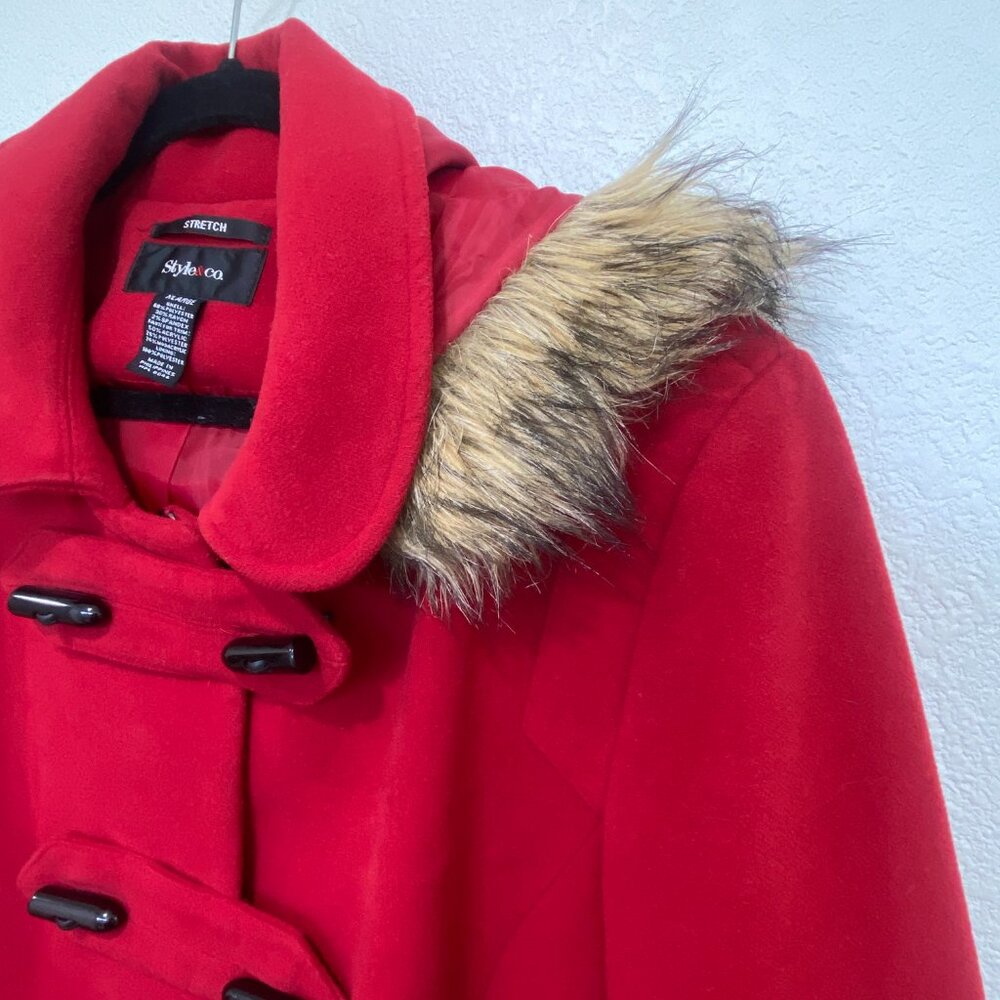 Style & Co Red Wool Blend Toggle Coat Faux Fur Hood XL - Picture 13 of 16
